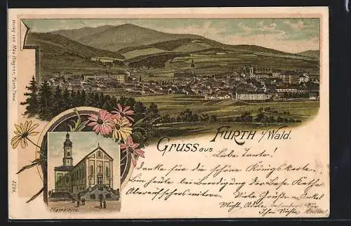 Lithographie Furth i. Wald, Totalansicht aus der Vogelschau, Pfarrkirche