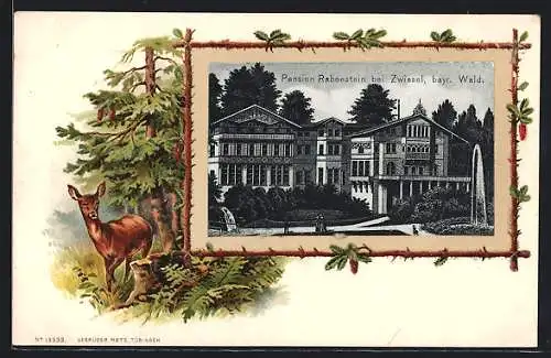 Passepartout-Lithographie Zwiesel /Bay., Pension Rabenstein, Reh im Wald