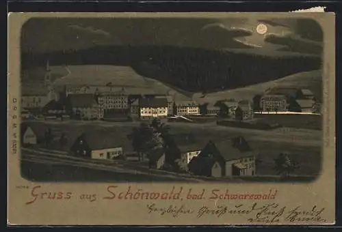 Mondschein-Lithographie Schönwald /Schwarzwald, Gesamtansicht von oben