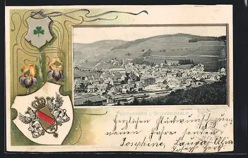 Passepartout-Lithographie Furtwangen /Schwarzwald, Ortsansicht mit Umgebung, Wappen, Blumen