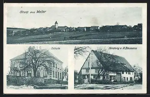 AK Weiler / Königsfeld, Handlung A. Baumann, Schule, Ortspanorama