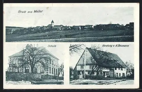 AK Weiler / Königsfeld, Handlung A. Baumann, Schulgebäude, Ortspanorama