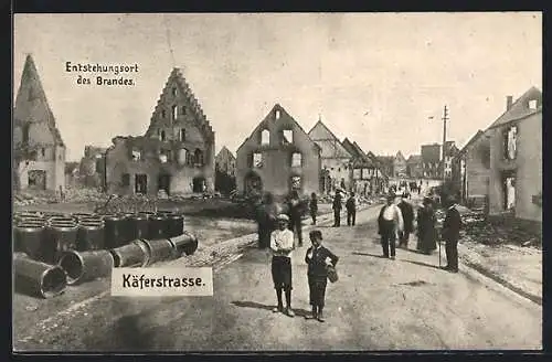 AK Donaueschingen, Die Brandkatastrophe 1908, Käferstrasse mit dem Entstehungsort des Brandes