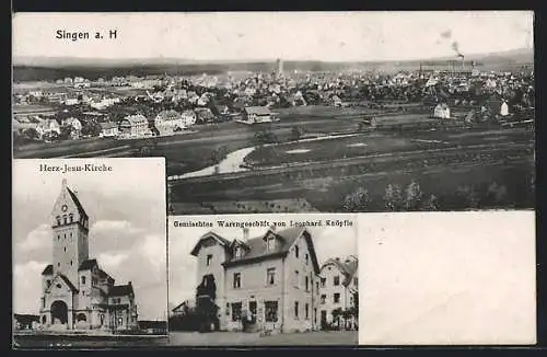 AK Singen a. H., Warengeschäft L. Knöpfle, Herz-Jesu-Kirche, Gesamtansicht aus der Vogelschau