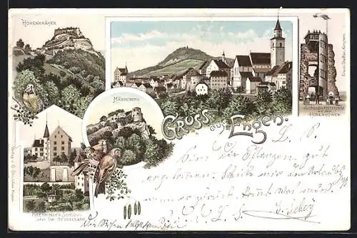 Lithographie Engen, Aussichtsturm auf dem Hohenhöwen, Krenkinger Schloss, Ortsansicht