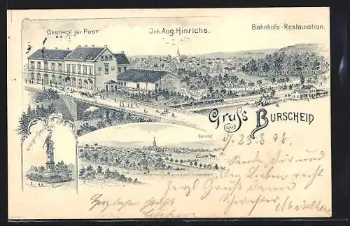 Lithographie Burscheid / Rheinl., Gasthopf zur Post A. Hinrichs mit Strasse und Ortsblick, Krieger-Denkmal