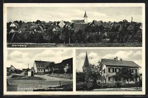 AK Weinberg, Ortsstrasse mit Kriegerdenkmal, Kirche u. Pfarrhaus, Ortsansicht