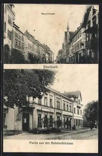 AK Stockach, Bahnhofstrasse mit Handlung J. Waschle, Hauptstrasse