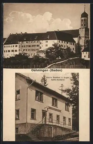 AK Oehningen /Baden, Dolls Gasthaus zum Engel / Apfelkelterei, Ortspartie mit Turm