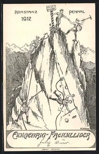 Künstler-AK Konstanz, Einjaehrig-Freiwilliger, Gipfelbesteigung mit Absturz, Absolvia 1912