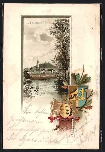 Passepartout-Lithographie Tuttlingen, Ortsansicht vom Wasser, Wappen