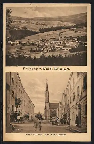 AK Freyung v. Wald, Gasthaus z. Post, Bes. Mich. Wendl, Ortsansicht aus der Vogelschau