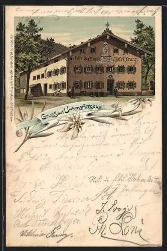 Lithographie Unterammergau, Gasthaus zur Sonne v. Josef Franz