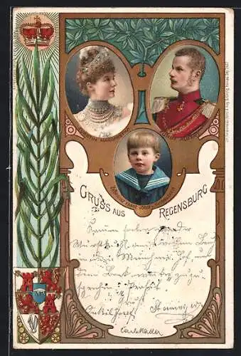 Lithographie Fürst Albert von Thurn & Taxis mit Fürstin Margaretha und Erbprinz Franz Josef