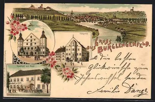 Lithographie Burglengenfeld, Gasthof zur Post, Pfälzerhof, Rathaus, Ortsansicht