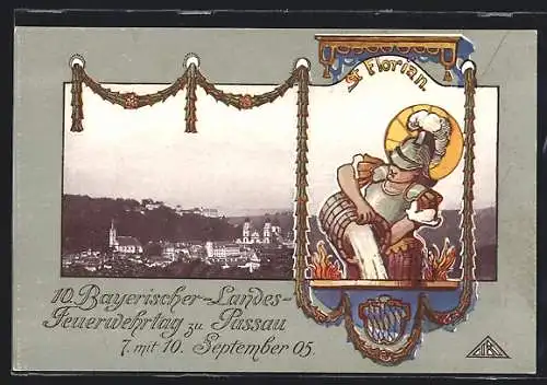 Künstler-AK Passau, 10. Bayerischer Landes-Feuerwehrtag 1905, Ortsansicht