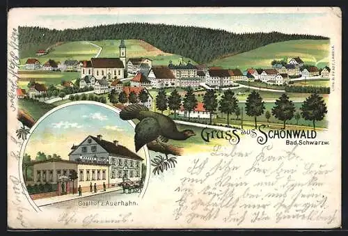 Lithographie Schönwald / Schwarzwald, Gasthof zum Auerhahn, Gesamtansicht, Auerhahn