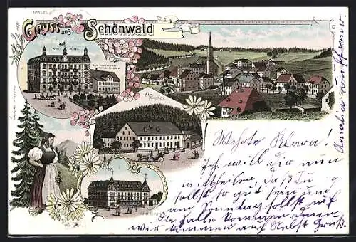 Lithographie Schönwald / Baden, Kur-Hotel, Gasthof zum Adler, Hotel Hirschen