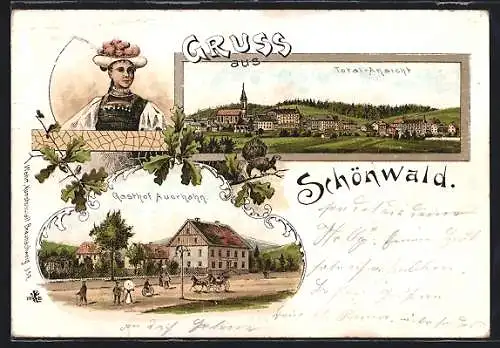 Lithographie Schönwald / Schwarzwald, Totalansicht, Gasthof Auerhahn, Frau in Tracht