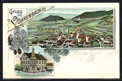 Lithographie Vöhrenbach /Bad. Schwarzwald, Bahnhof-Wirtschaft z. Wartecke, Bes. W. Hornung, Ortsansicht