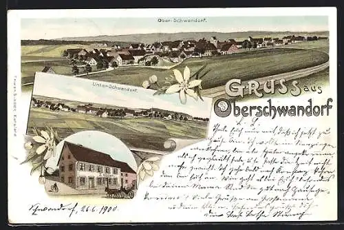 Lithographie Oberschwandorf, Geschäft v. Z. Müller, Ortsansicht aus der Vogelschau