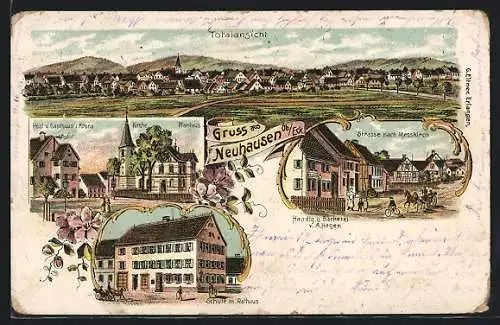 Lithographie Neuhausen, Schule mit Rathaus, Kirche, Post u. Gasthaus zur Krone