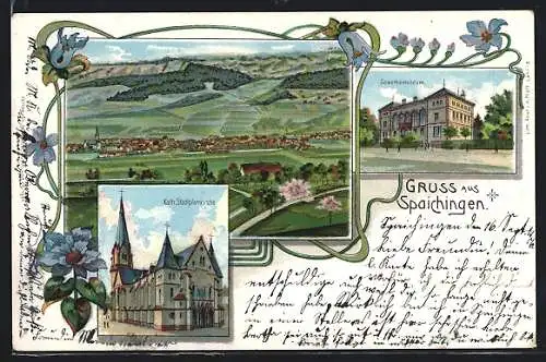 Lithographie Spaichingen, kath. Stadtpfarrkirche, Gewerbemuseum und Panorama
