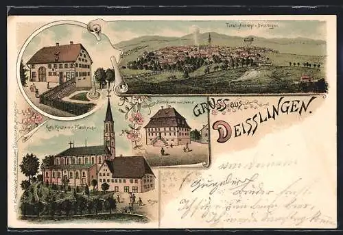 Lithographie Deisslingen, Panorama, Kath. Kirche mit Pfarrhaus, Bierbrauerei zum Löwen