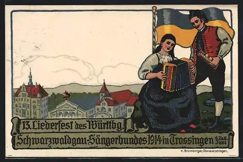 AK Trossingen, 13. Liederfest d. Württbg. Schwarzwaldgau-Sängerbundes 1914, Liebespaar in Tracht mit Akkordeon