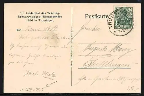 AK Trossingen, 13. Liederfest d. Württbg. Schwarzwaldgau-Sängerbundes 1914, Liebespaar in Tracht mit Akkordeon