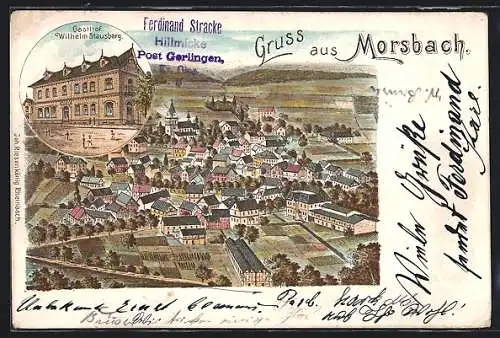 Lithographie Morsbach / Sieg, Gasthof Wilhelm Stausberg, Ortsansicht aus der Vogelschau