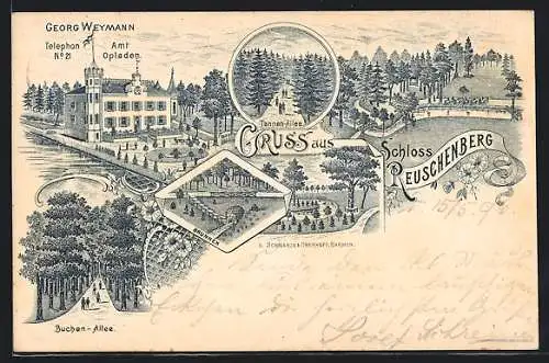 Lithographie Leverkusen, Schloss Reuschenberg, Tannen-Allee, Buchen-Allee, Brunnen
