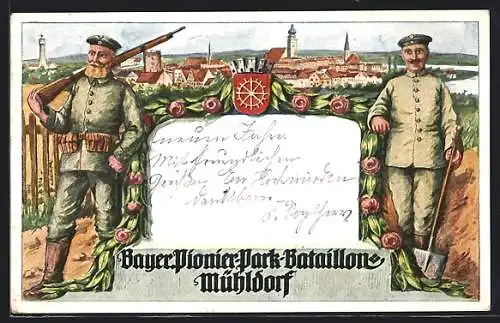 Lithographie Mühldorf, Bayer. Pionier-Park-Bataillon, Ortsansicht
