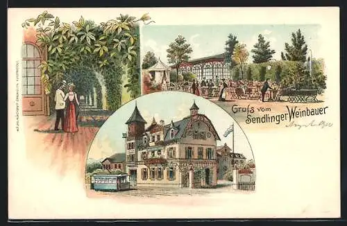 Lithographie München-Sendling, Gasthaus Sendlinger Weinbauer, Strassenbahn