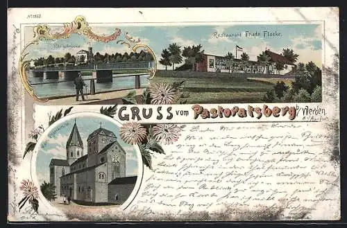 Lithographie Werden, Pastoratsberg, Restaurant L. Scheidtmann, Königsbrücke, Kath. Pfarrkirche