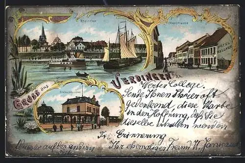 Lithographie Uerdingen a. Rh., Rheinschlösschen, Oberstrasse, Rheinthor