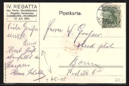 Künstler-AK Duisburg-Ruhrort, IV. Regatta des Rhein.-Westfälischen Regatta-Verbandes 1909