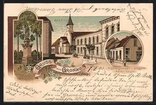 Lithographie Gronau / Westf., Hotel Vorspel, Cigarrengeschäft u. Drogerie Peter Vones, Kriegerdenkmal