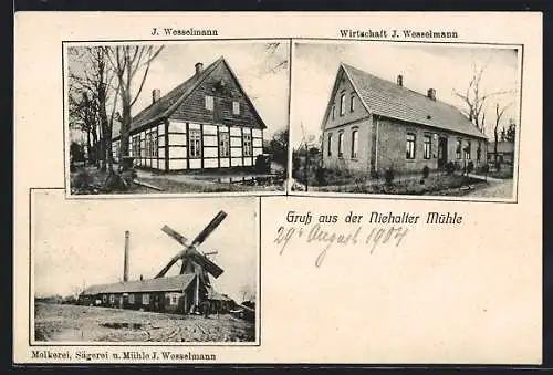 AK Lastrup - Nieholter Mühle, Wirtschaft J. Wesselmann, Molkerei, Sägerei u. Mühle