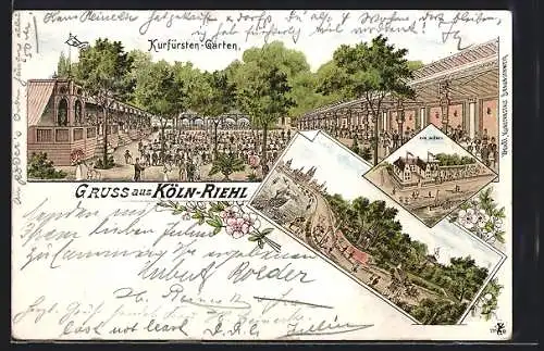 Lithographie Köln-Riehl, Gasthaus Kurfürsten-Garten v. Engel u. Euler mit Gartenlokal, Gasthaus zur Münze