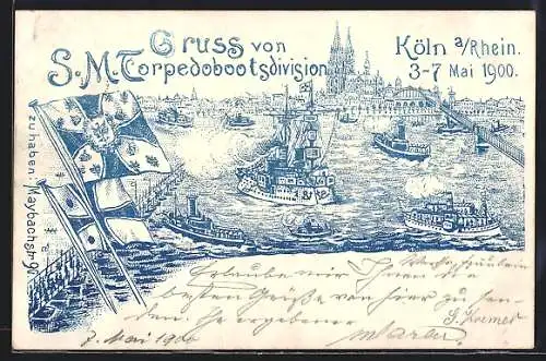 Lithographie Köln a. Rh., SM Torpedobootsdivision auf dem Rhein 1900