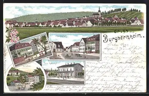 Lithographie Burgbernheim, Gasthof zum Hirschen, Süd-Bahnhof, Marktplatz