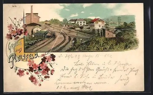 Lithographie Pleinfeld, Ortspartie mit Bahngleisen