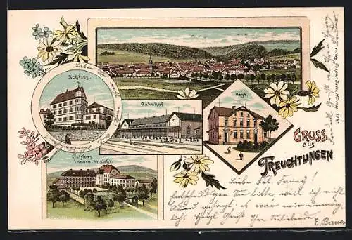 Lithographie Treuchtlingen, Totalansicht, Bahnhof, Schloss, Post