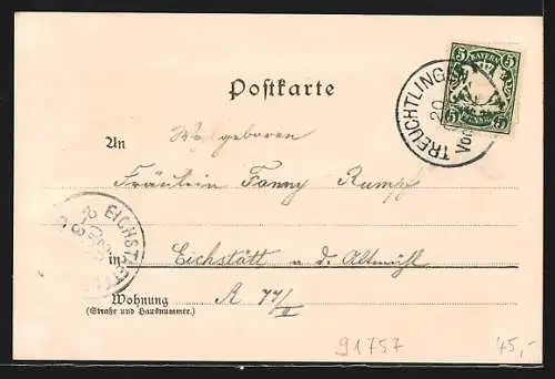 Lithographie Treuchtlingen, Totalansicht, Bahnhof, Schloss, Post