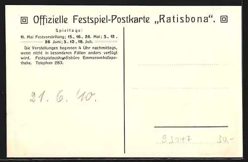 AK Regensburg, Festspiele Ratisbona im Stadttheater 1910, brennende Stadt