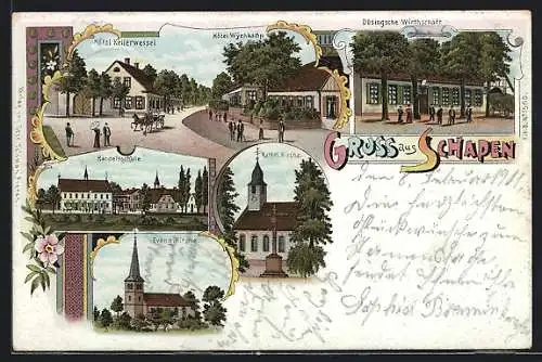 Lithographie Schapen / Lingen, Hôtel Kellerwessel & Hôtel Wyenkamp, Düsingsche Wirtschaft, Handelsschule