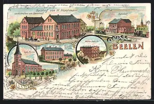 Lithographie Beelen, Gasthof von W. Horstmann, Bahnhof, Wurst-Fabrik