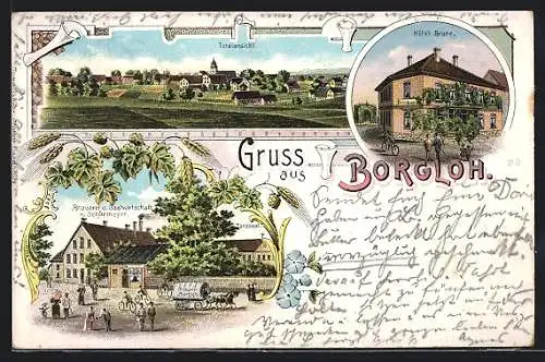Lithographie Borgloh, Gasthaus u. Brauerei v. Schürmeyer, Hotel Brune