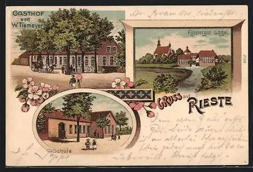 Lithographie Rieste / Klostergut Lage, Gasthof von W. Tiemeyer, Klostergut Lage, Schule